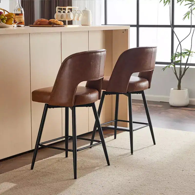 Brown PU Leather Swivel Bar Stools with Hollow Backrest and Iron Legs, Set of 2