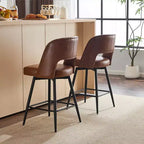 Brown PU Leather Swivel Bar Stools with Hollow Backrest and Iron Legs, Set of 2