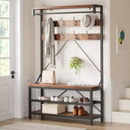 GustoWave Coat Rack Shoe Bench Industrial Hall Tree Storage Bench, Wood Look Accent Shoe Rack with Storage Shelf Hanging Bar,8 Hooks 39.9x15.7x72