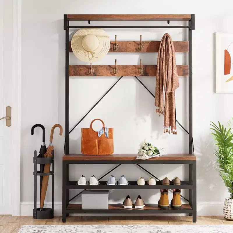 Industrial Hall Tree with Shoe Bench, Coat Rack and Storage Shelf – 8 Hooks, 39.9" x 15.7" x 72"