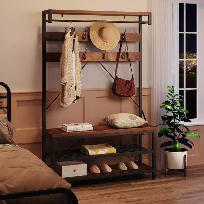 Industrial Hall Tree with Shoe Bench, Coat Rack and Storage Shelf – 8 Hooks, 39.9" x 15.7" x 72"