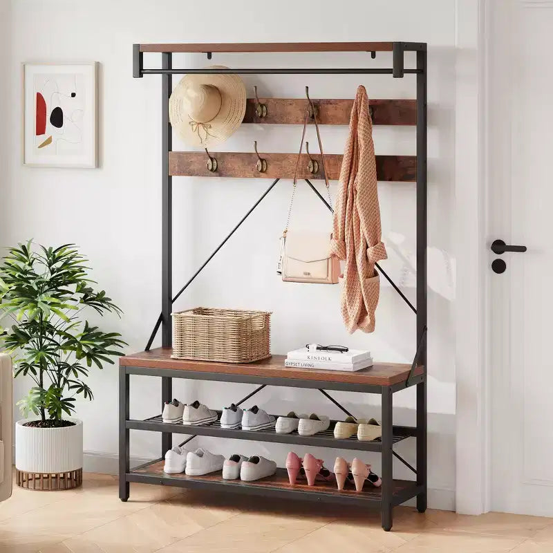 Industrial Hall Tree with Shoe Bench, Coat Rack and Storage Shelf – 8 Hooks, 39.9" x 15.7" x 72"