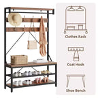 Industrial Hall Tree with Shoe Bench, Coat Rack and Storage Shelf – 8 Hooks, 39.9" x 15.7" x 72"