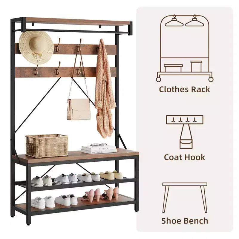 Industrial Hall Tree with Shoe Bench, Coat Rack and Storage Shelf – 8 Hooks, 39.9" x 15.7" x 72"