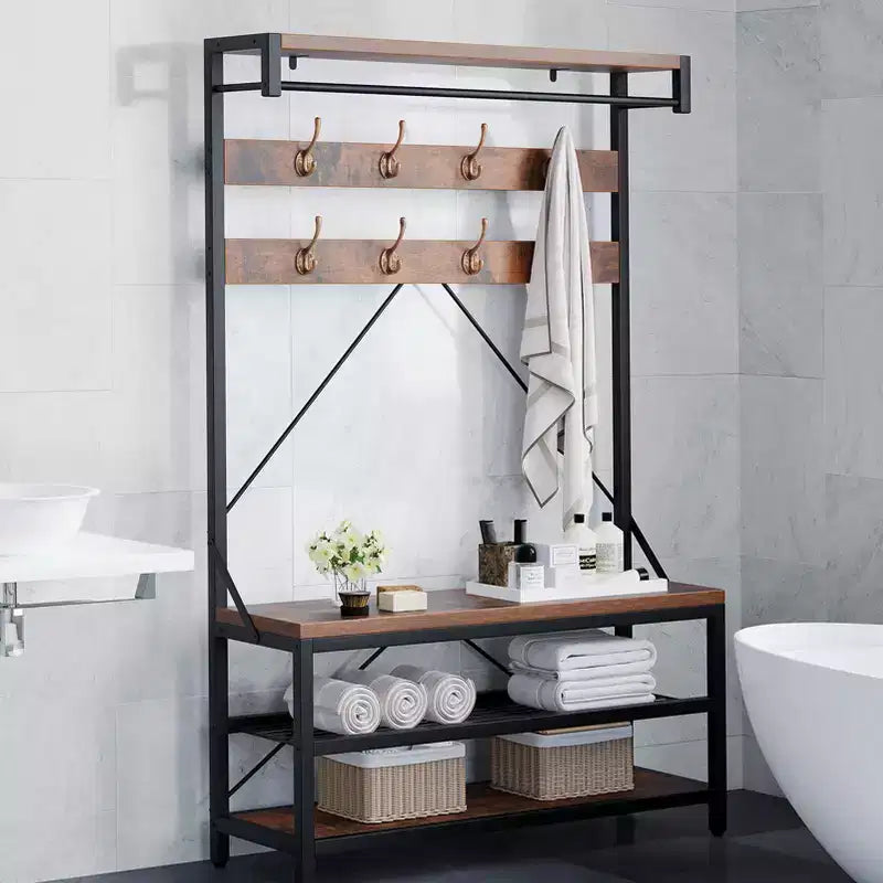 Industrial Hall Tree with Shoe Bench, Coat Rack and Storage Shelf – 8 Hooks, 39.9" x 15.7" x 72"
