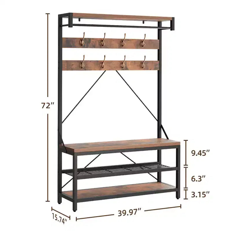 Industrial Hall Tree with Shoe Bench, Coat Rack and Storage Shelf – 8 Hooks, 39.9" x 15.7" x 72"