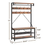 Industrial Hall Tree with Shoe Bench, Coat Rack and Storage Shelf – 8 Hooks, 39.9" x 15.7" x 72"