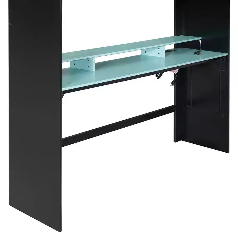 Full Size Wood Bunk Bed with Height-Adjustable Desk, Wardrobe & RGB Light