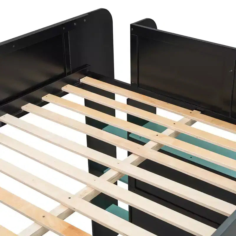 Full Size Wood Bunk Bed with Height-Adjustable Desk, Wardrobe & RGB Light