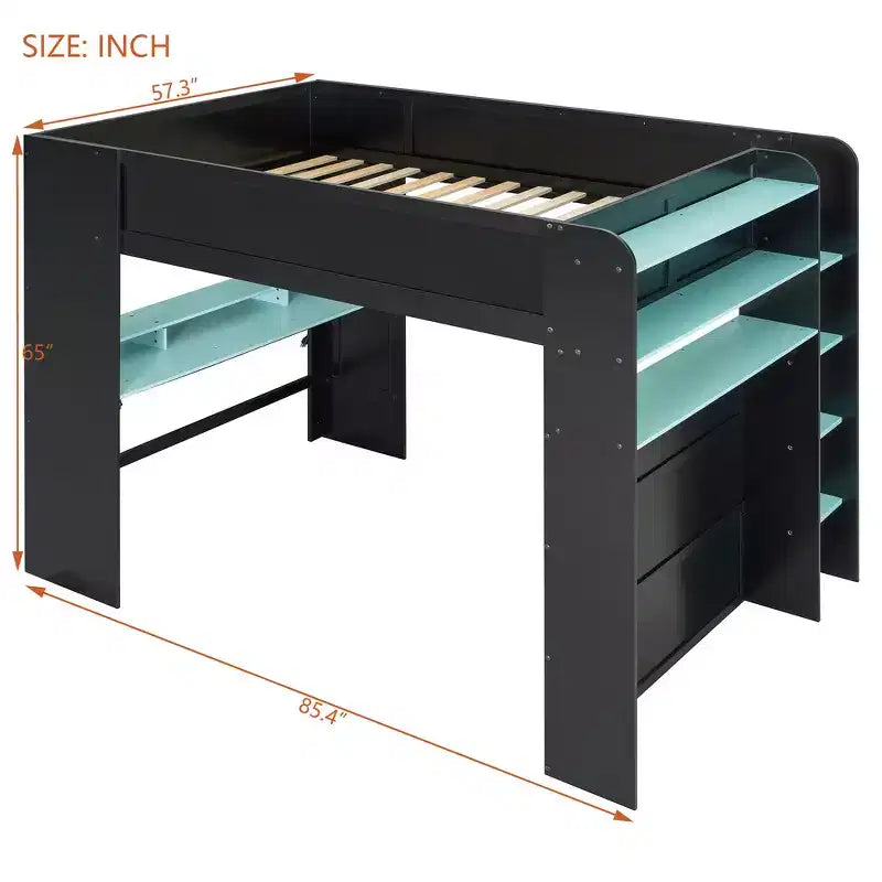 Full Size Wood Bunk Bed with Height-Adjustable Desk, Wardrobe & RGB Light