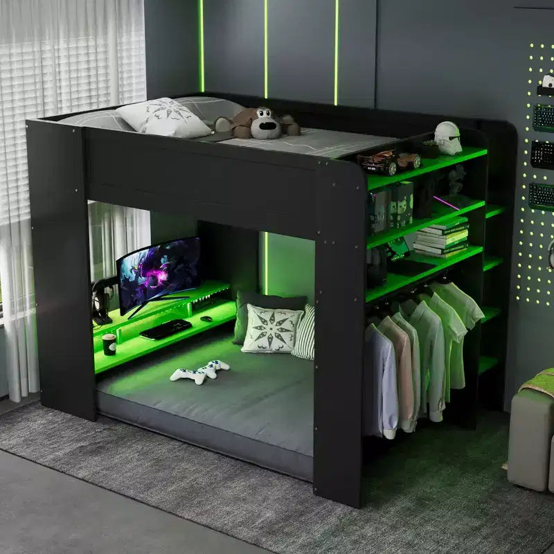 Full Size Wood Bunk Bed with Height-Adjustable Desk, Wardrobe & RGB Light