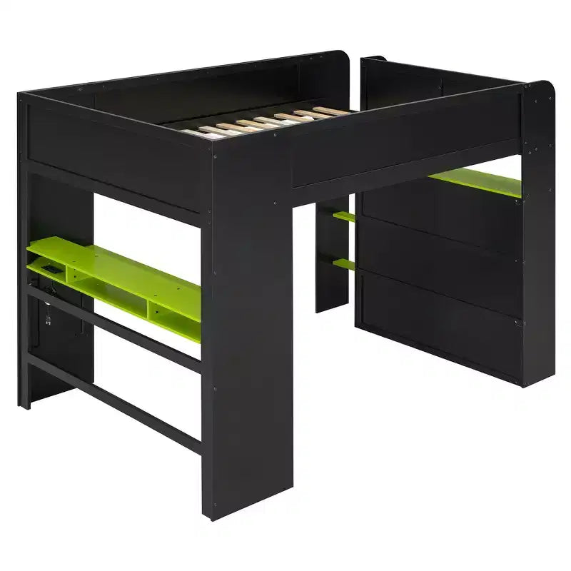 Full Size Wood Bunk Bed with Height-Adjustable Desk, Wardrobe & RGB Light