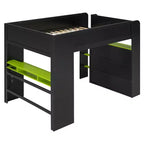 Full Size Wood Bunk Bed with Height-Adjustable Desk, Wardrobe & RGB Light
