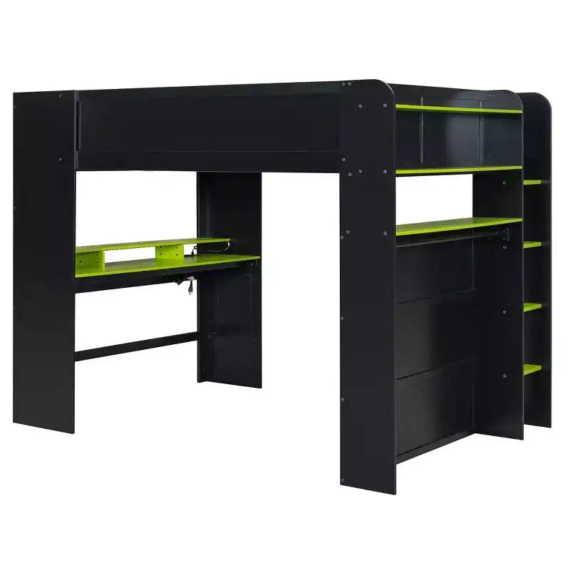 Full Size Wood Bunk Bed with Height-Adjustable Desk, Wardrobe & RGB Light