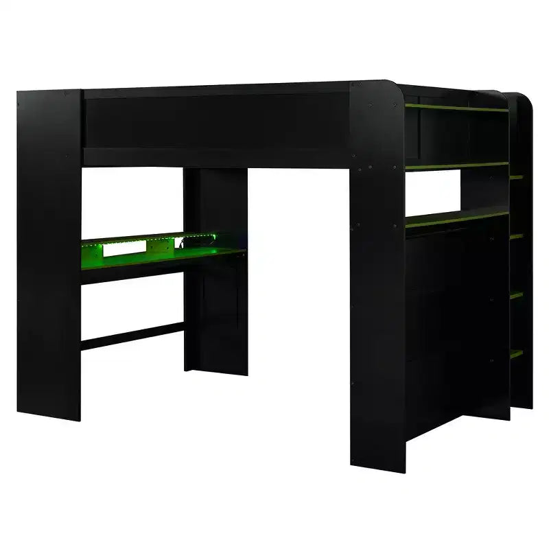 Full Size Wood Bunk Bed with Height-Adjustable Desk, Wardrobe & RGB Light