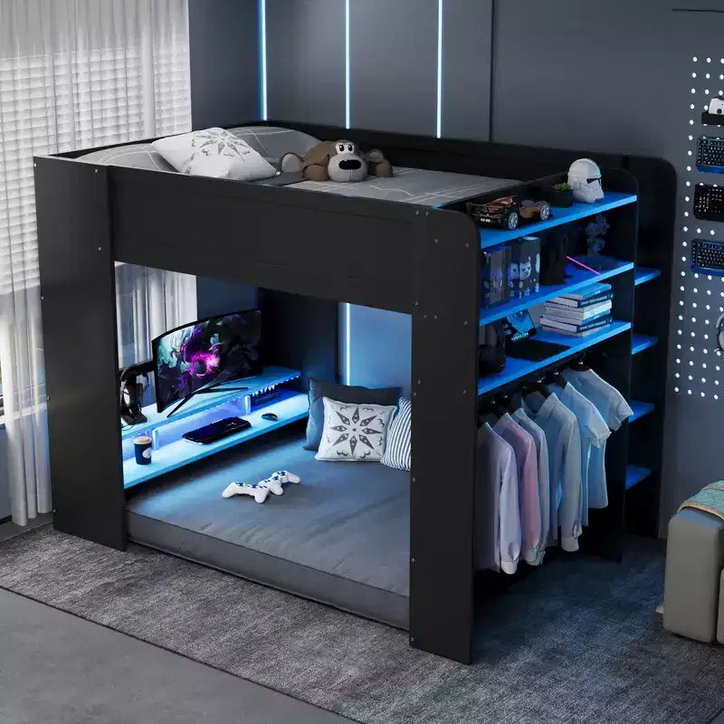 Full Size Wood Bunk Bed with Height-Adjustable Desk, Wardrobe & RGB Light