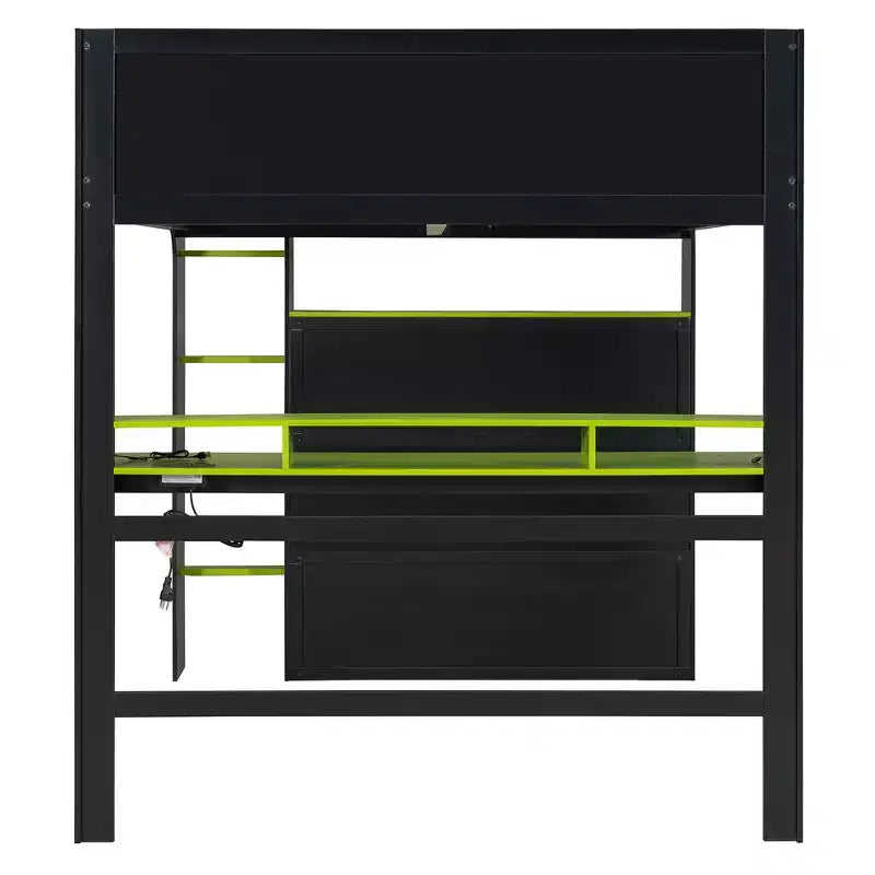 Full Size Wood Bunk Bed with Height-Adjustable Desk, Wardrobe & RGB Light
