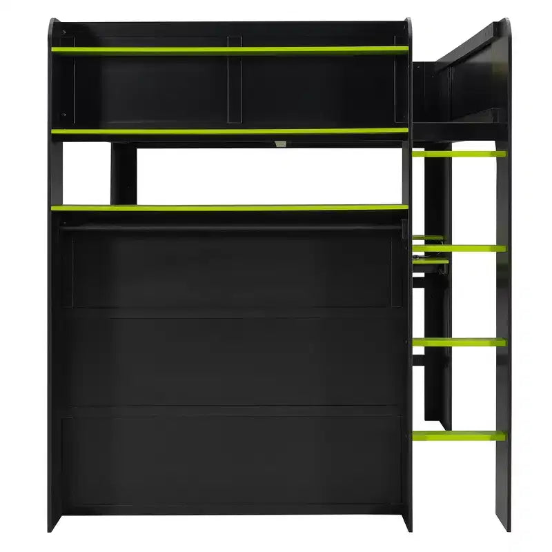 Full Size Wood Bunk Bed with Height-Adjustable Desk, Wardrobe & RGB Light