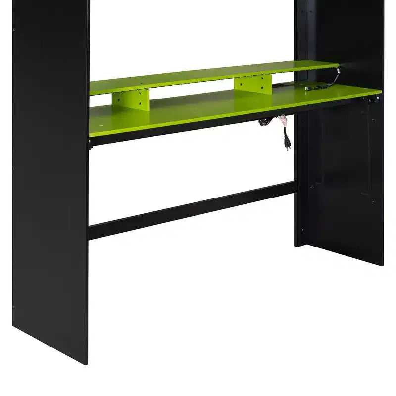 Full Size Wood Bunk Bed with Height-Adjustable Desk, Wardrobe & RGB Light