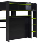 Full Size Wood Bunk Bed with Height-Adjustable Desk, Wardrobe & RGB Light