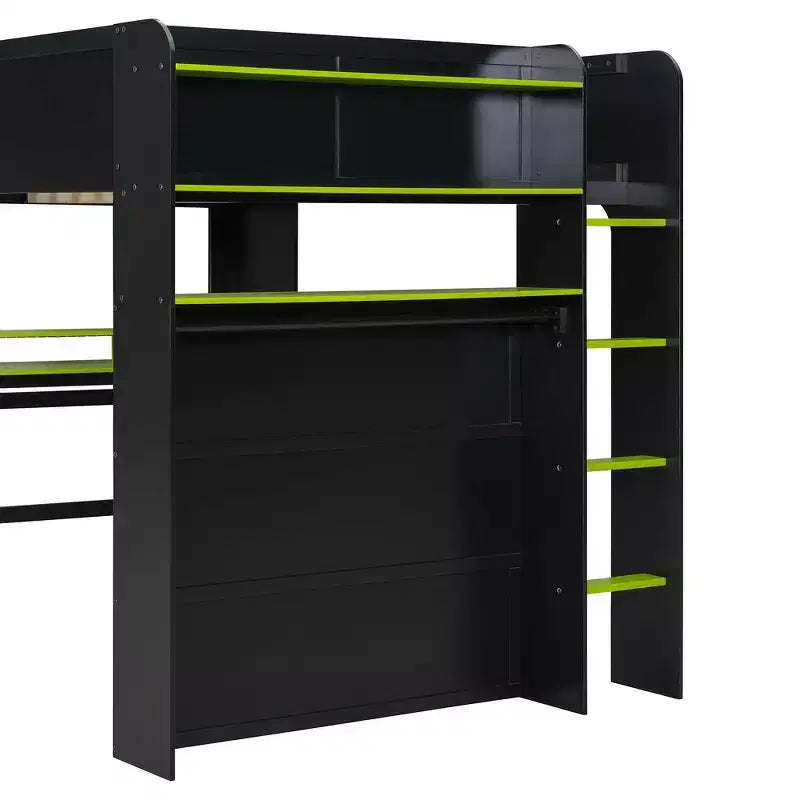 Full Size Wood Bunk Bed with Height-Adjustable Desk, Wardrobe & RGB Light