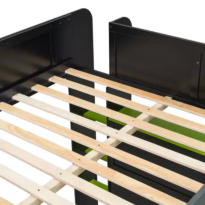 Full Size Wood Bunk Bed with Height-Adjustable Desk, Wardrobe & RGB Light