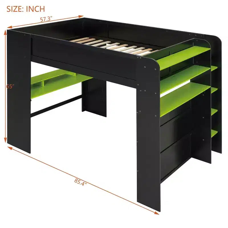 Full Size Wood Bunk Bed with Height-Adjustable Desk, Wardrobe & RGB Light