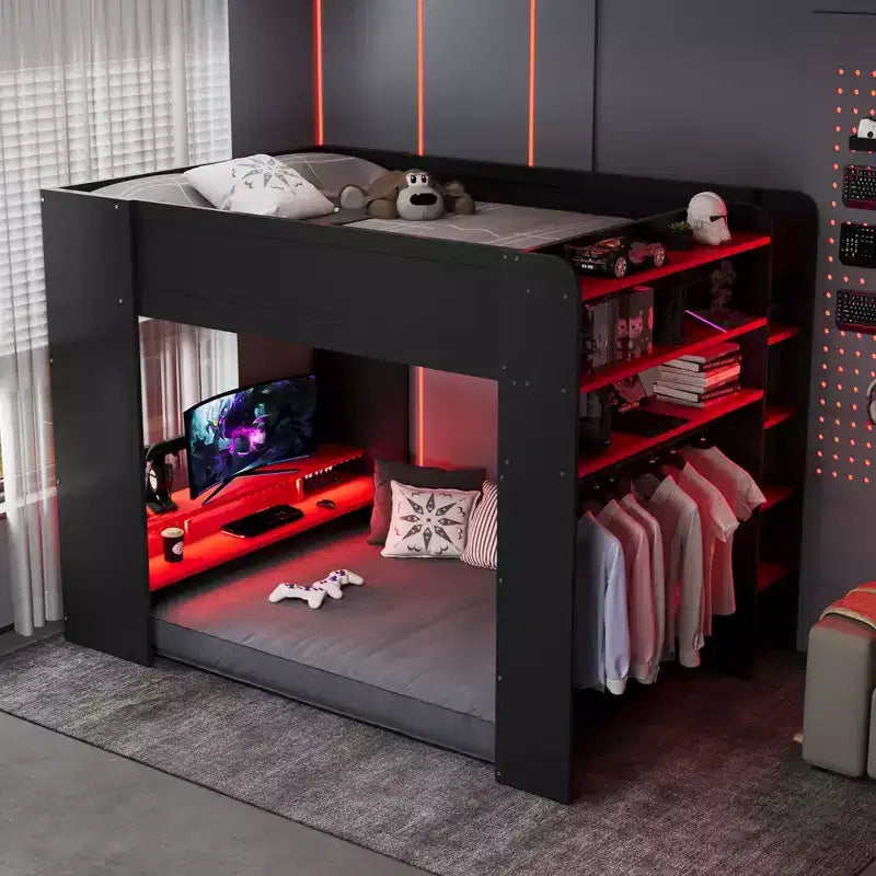 Full Size Wood Bunk Bed with Height-Adjustable Desk, Wardrobe & RGB Light
