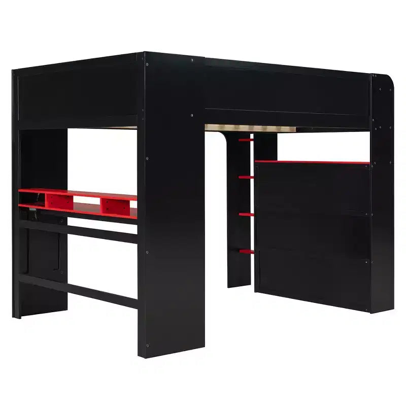 Full Size Wood Bunk Bed with Height-Adjustable Desk, Wardrobe & RGB Light