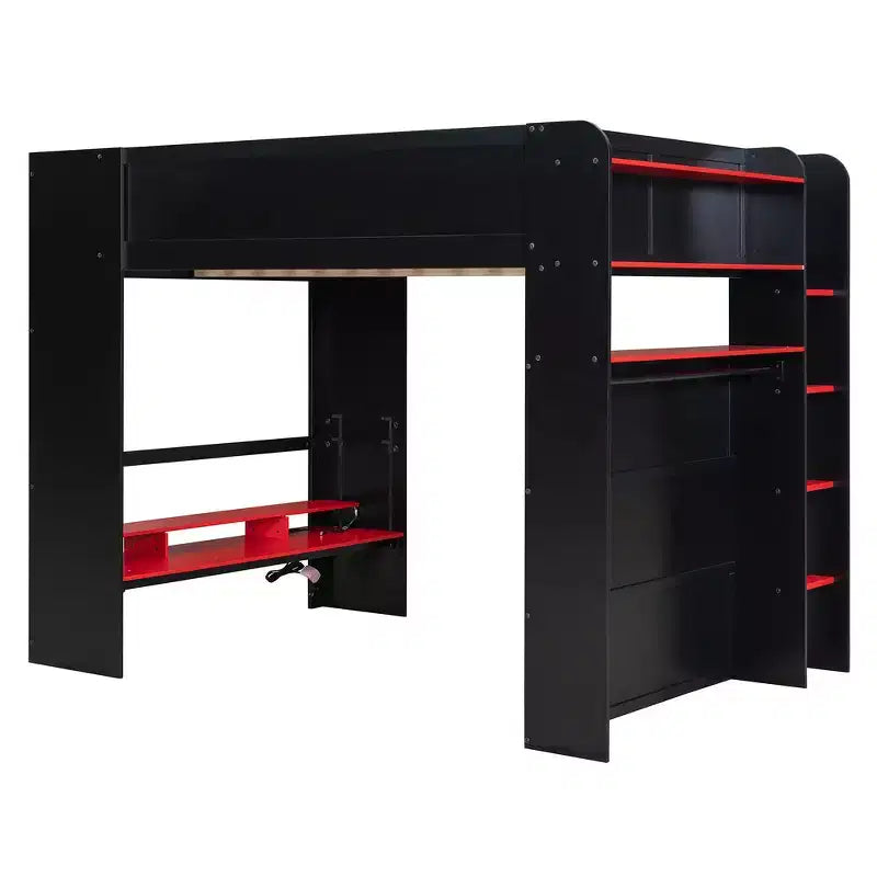 Full Size Wood Bunk Bed with Height-Adjustable Desk, Wardrobe & RGB Light