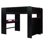 Full Size Wood Bunk Bed with Height-Adjustable Desk, Wardrobe & RGB Light
