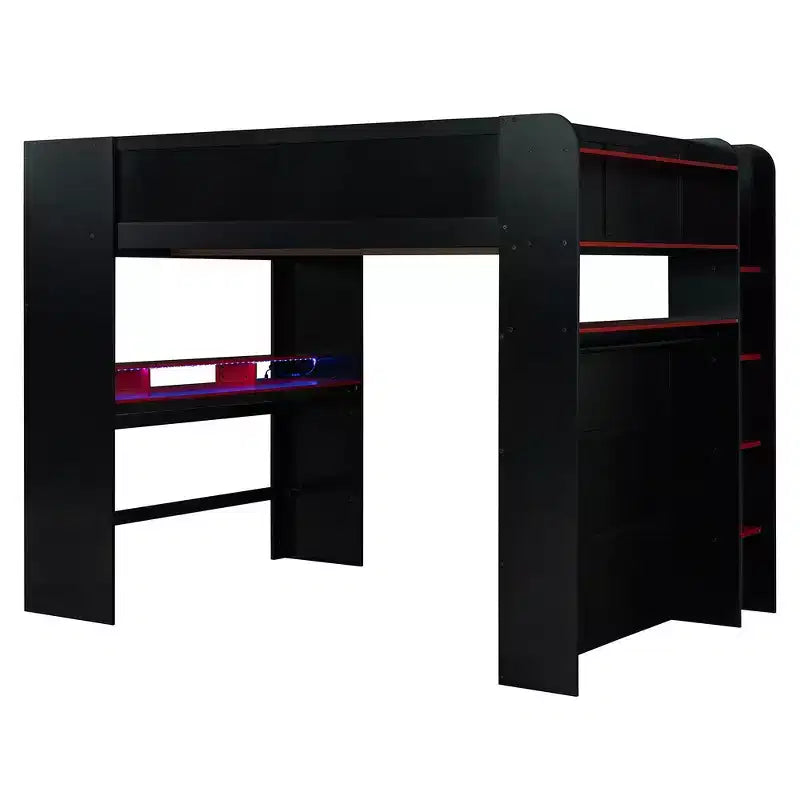 Full Size Wood Bunk Bed with Height-Adjustable Desk, Wardrobe & RGB Light