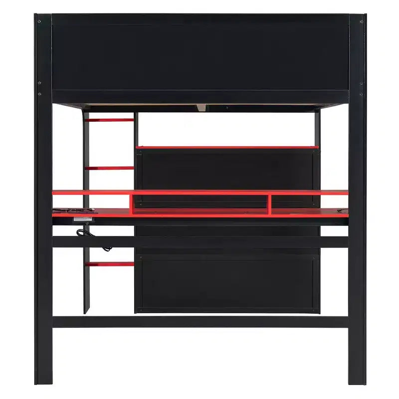 Full Size Wood Bunk Bed with Height-Adjustable Desk, Wardrobe & RGB Light