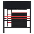 Full Size Wood Bunk Bed with Height-Adjustable Desk, Wardrobe & RGB Light