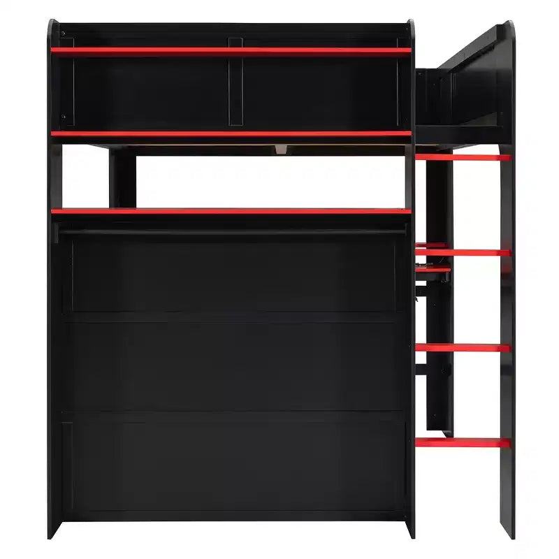 Full Size Wood Bunk Bed with Height-Adjustable Desk, Wardrobe & RGB Light