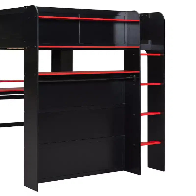 Full Size Wood Bunk Bed with Height-Adjustable Desk, Wardrobe & RGB Light