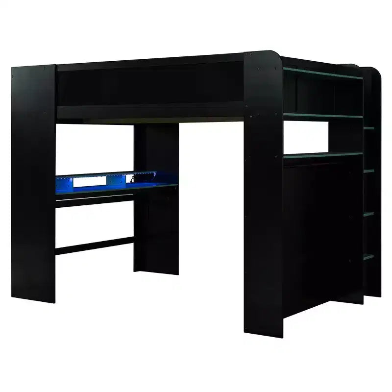 Full Size Wood Bunk Bed with Height-Adjustable Desk, Wardrobe & RGB Light