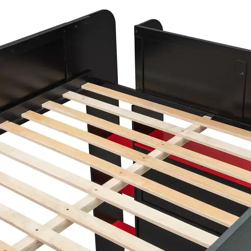 Full Size Wood Bunk Bed with Height-Adjustable Desk, Wardrobe & RGB Light