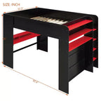 Full Size Wood Bunk Bed with Height-Adjustable Desk, Wardrobe & RGB Light