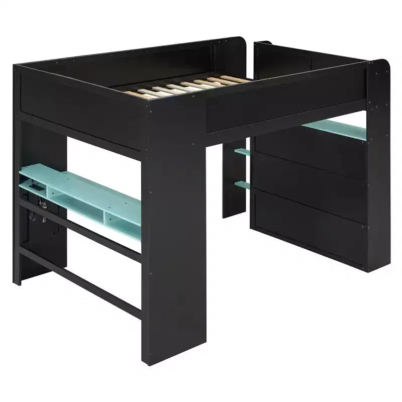 Full Size Wood Bunk Bed with Height-Adjustable Desk, Wardrobe & RGB Light