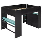 Full Size Wood Bunk Bed with Height-Adjustable Desk, Wardrobe & RGB Light