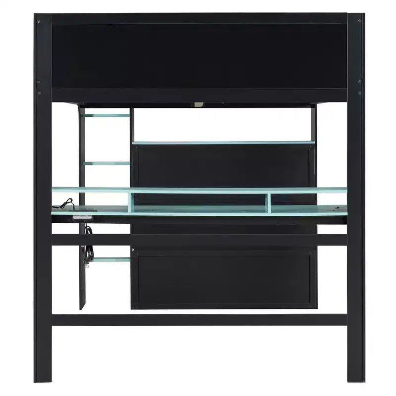 Full Size Wood Bunk Bed with Height-Adjustable Desk, Wardrobe & RGB Light