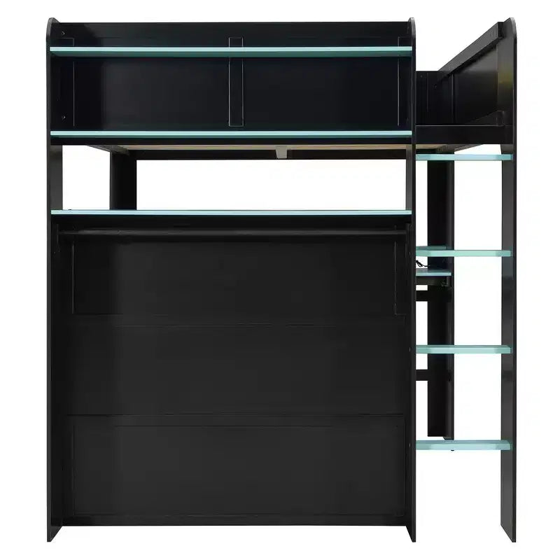 Full Size Wood Bunk Bed with Height-Adjustable Desk, Wardrobe & RGB Light