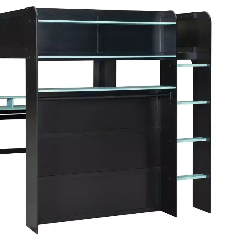 Full Size Wood Bunk Bed with Height-Adjustable Desk, Wardrobe & RGB Light