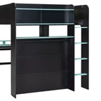 Full Size Wood Bunk Bed with Height-Adjustable Desk, Wardrobe & RGB Light