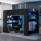 Whisen Full Size Wood Bunk Bed with Height-Adjustable Desk, Wardrobe, Ample Storage Space, RGB Light