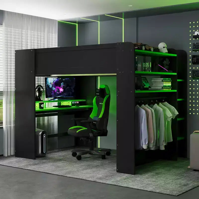Full Size Wood Bunk Bed with Height-Adjustable Desk, Wardrobe & RGB Light