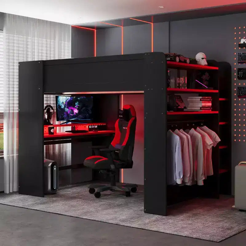 Full Size Wood Bunk Bed with Height-Adjustable Desk, Wardrobe & RGB Light