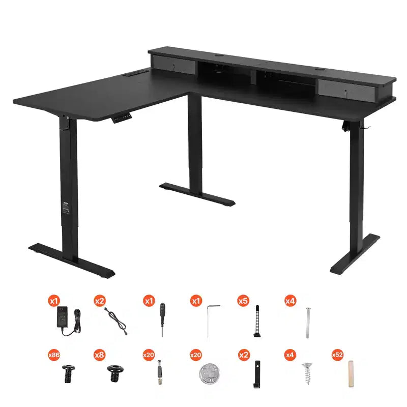 VEVOR L Shaped Desk, Electric Adjustable Height Corner Gaming Desk with CPU Stand, Dual Hooks and Fabric Drawers, L-Shaped Computer Table, Black