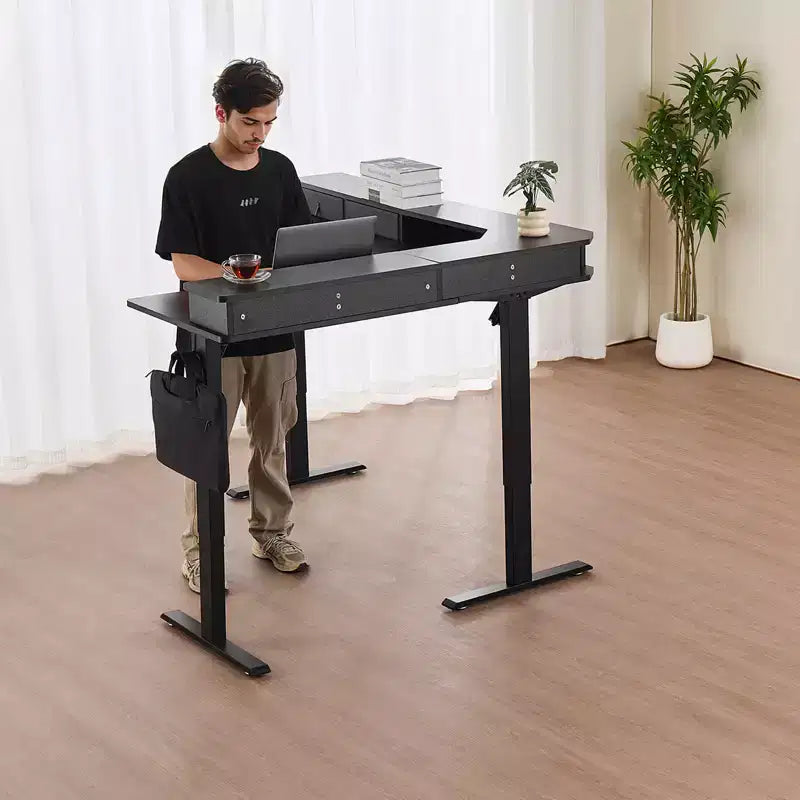 L-Shaped Electric Standing Desk with Corner Design, Drawers, CPU Stand and Dual Hooks, Black